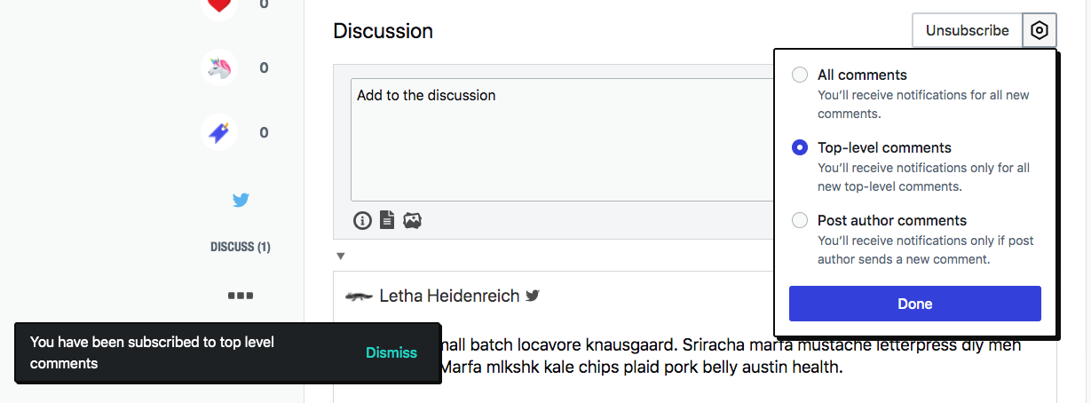 New comment subscription component displaying comment subscription options