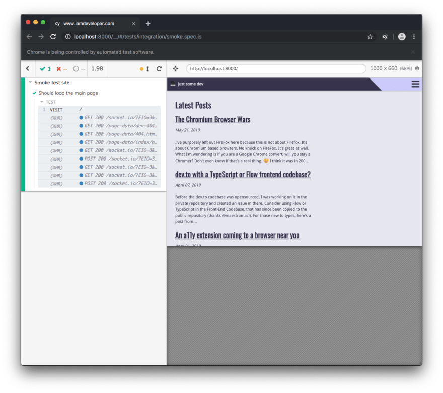 Cypress Test Runner with a Test Passing