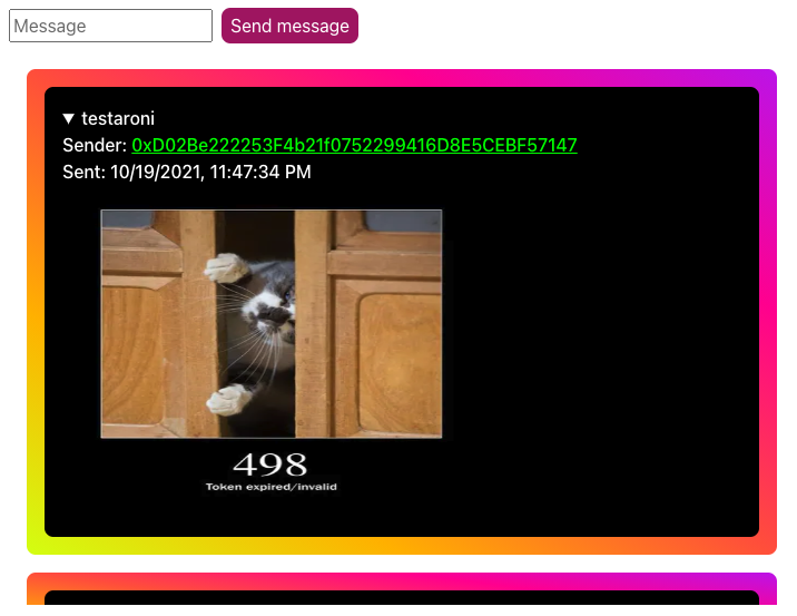 An open message on pics.iamdeveloper.com showing a picture of a cat in the message