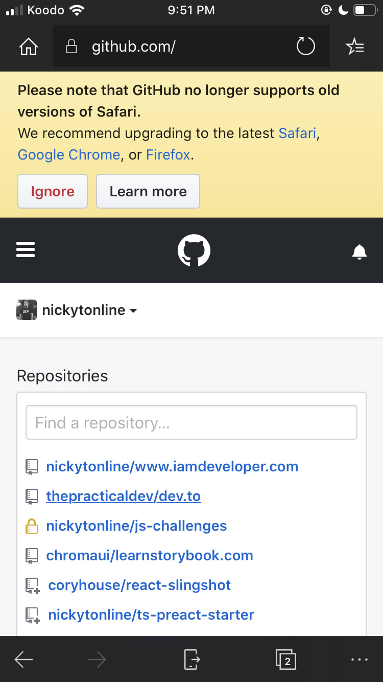 MS Edge on iOS warning about being an old version of Safari on GitHub site