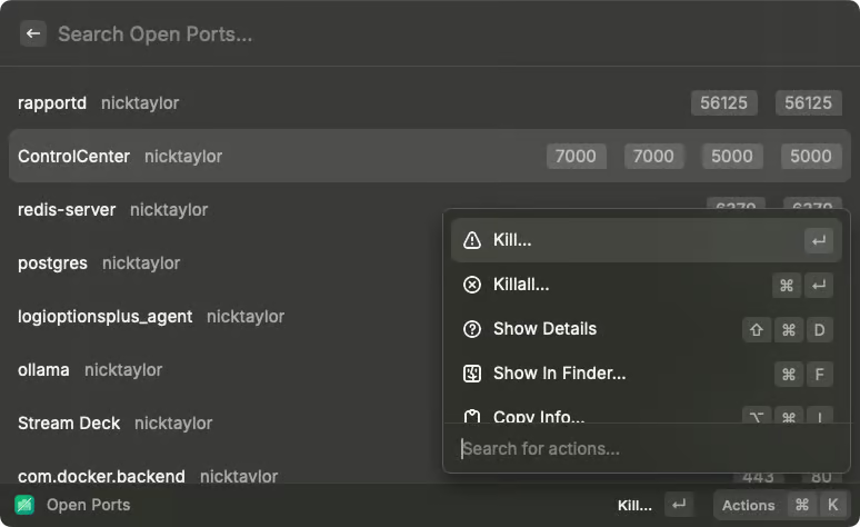 Raycast menu open showing the processes running on ports with a context menu for a port with the Kill… option highlighted 