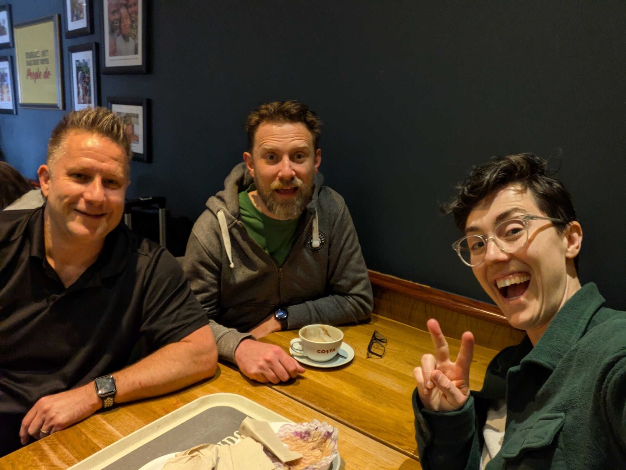 Me, Matt Kane and Erica Pasini from the OG Netlify Frameworks team grabbing breakfast near Paddington station in London