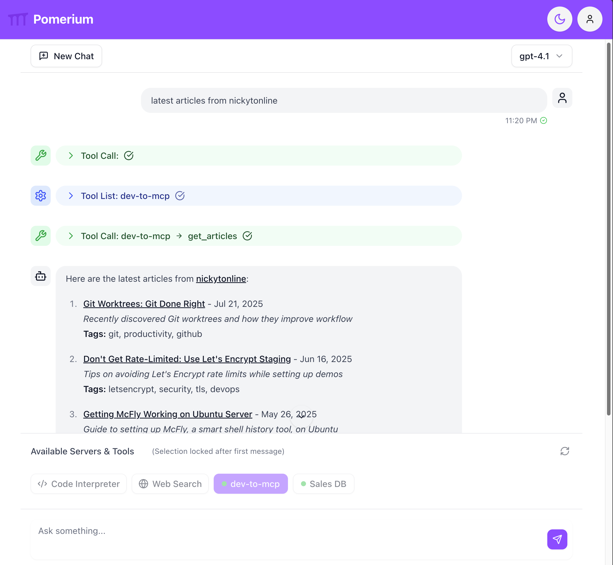 dev.to MCP server running in the Pomerium MCP app demo